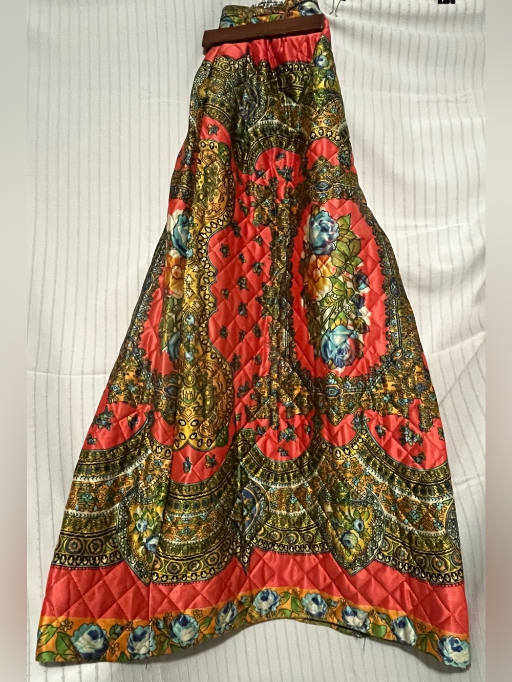 Alex Colman Vintage Quilted Coral Multi-Print Maxi Skirt